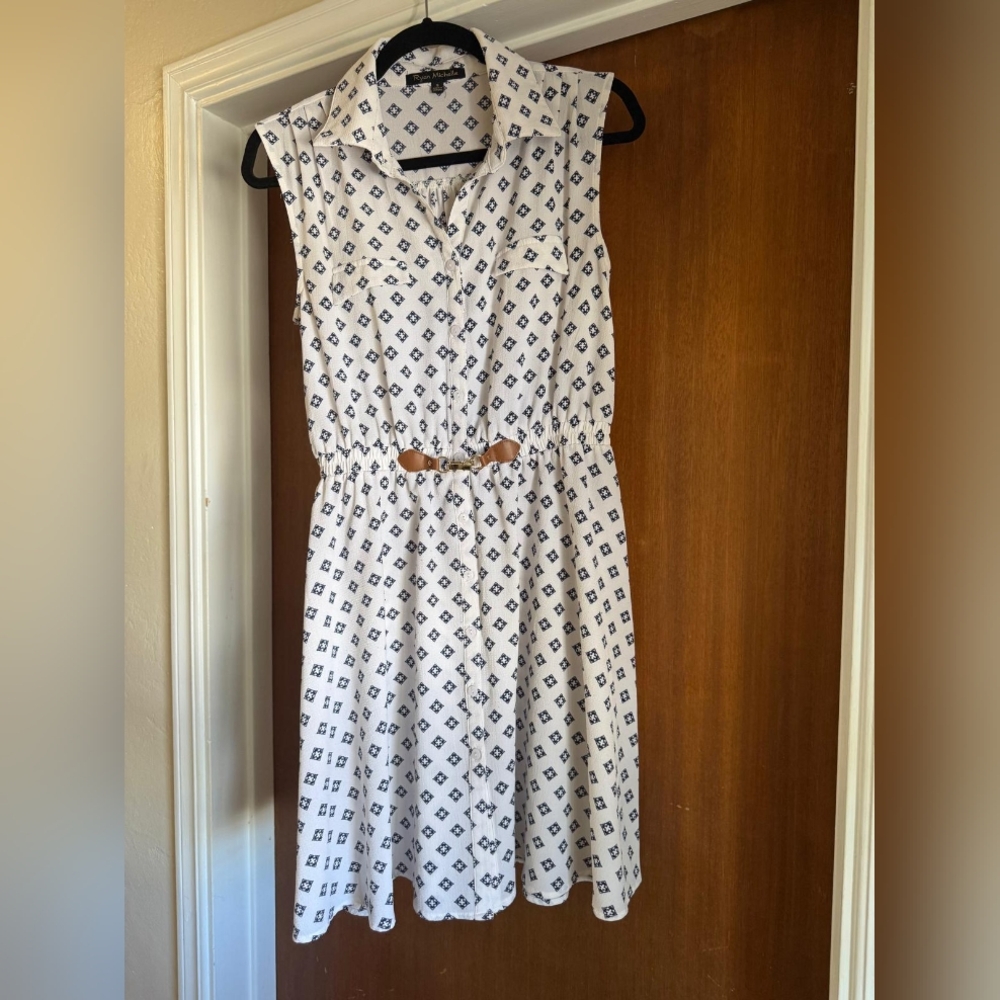 Sleeveless White and Navy Patterned Dress
